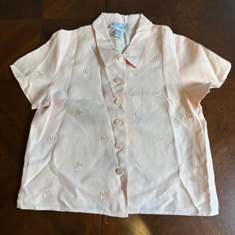 Embroidered Rose Button Front Blouse 100% Linen Peach Short Sleeve Top‎ M